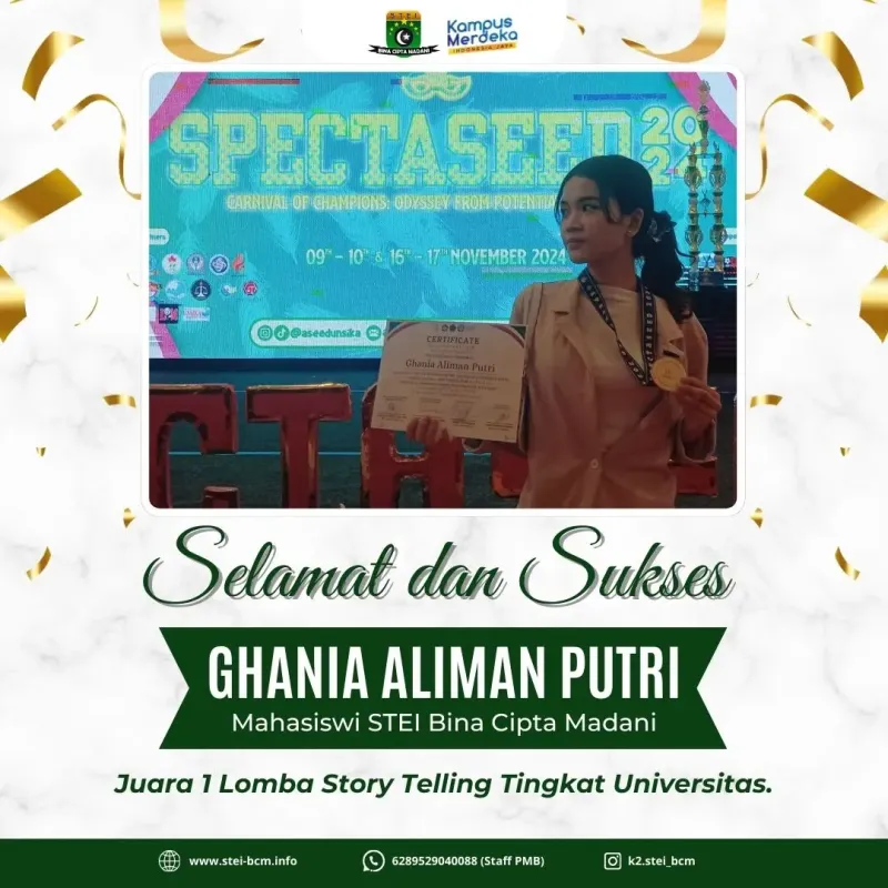 Mahasiswi STEI Bina Cipta Madani berhasil mendapatkan juara 1 Lomba Story Telling tingkat Universitas di Karawang